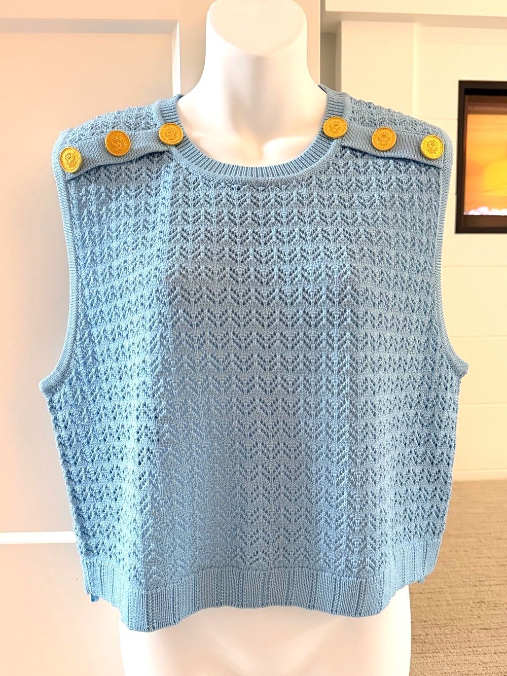 L'AGENCE Beautiful Robin Blue Knit Gold Button Sweater Sz L NEW $365!!